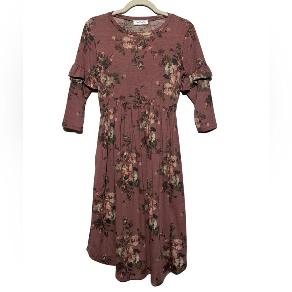 Long Modest Purple‎ Floral Knee Length Midi Dress Womens Size Small